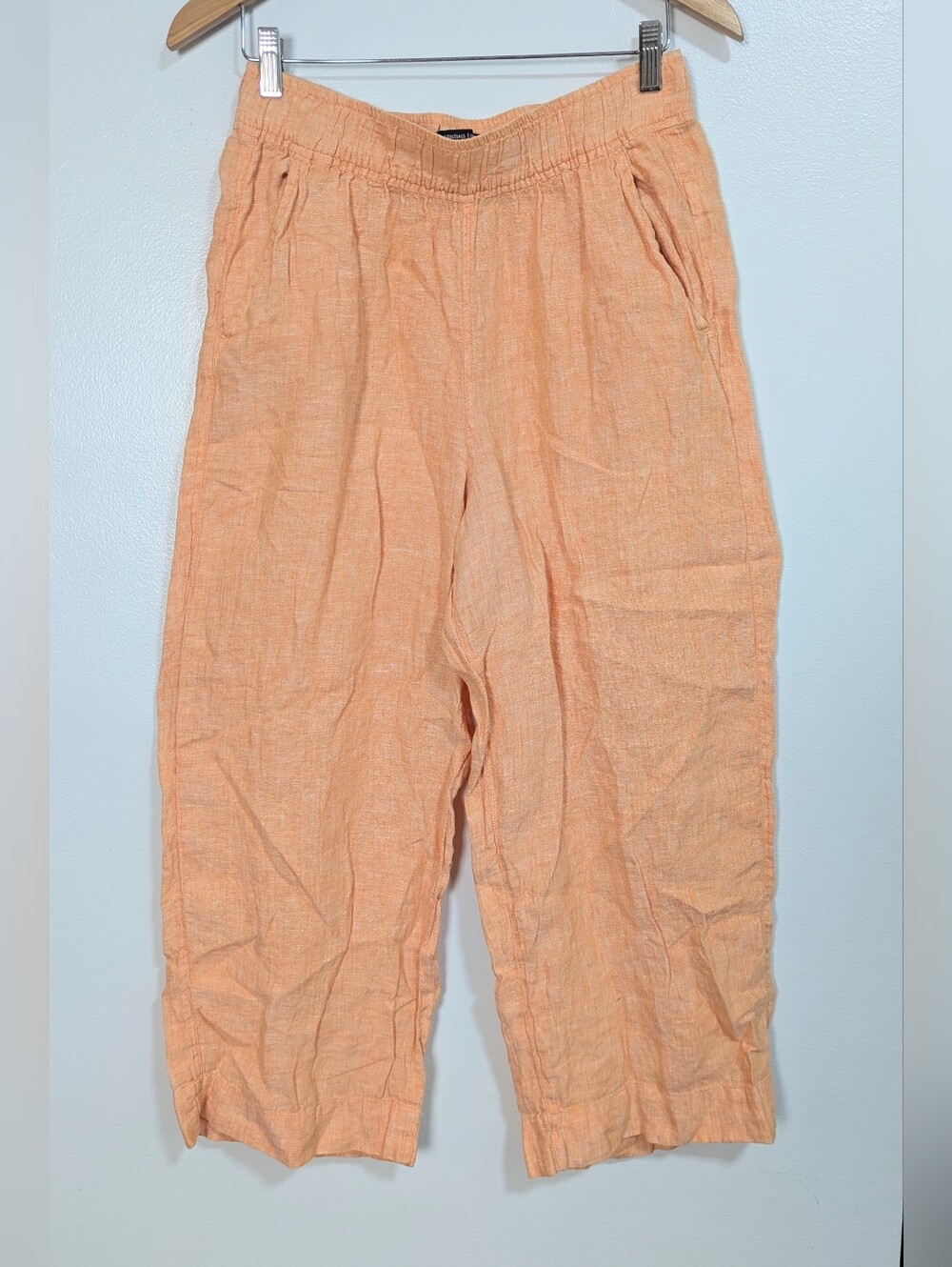 Tahari Essentials Size Medium Orange 100% Linen Pull On Cropped Wide Leg Pants